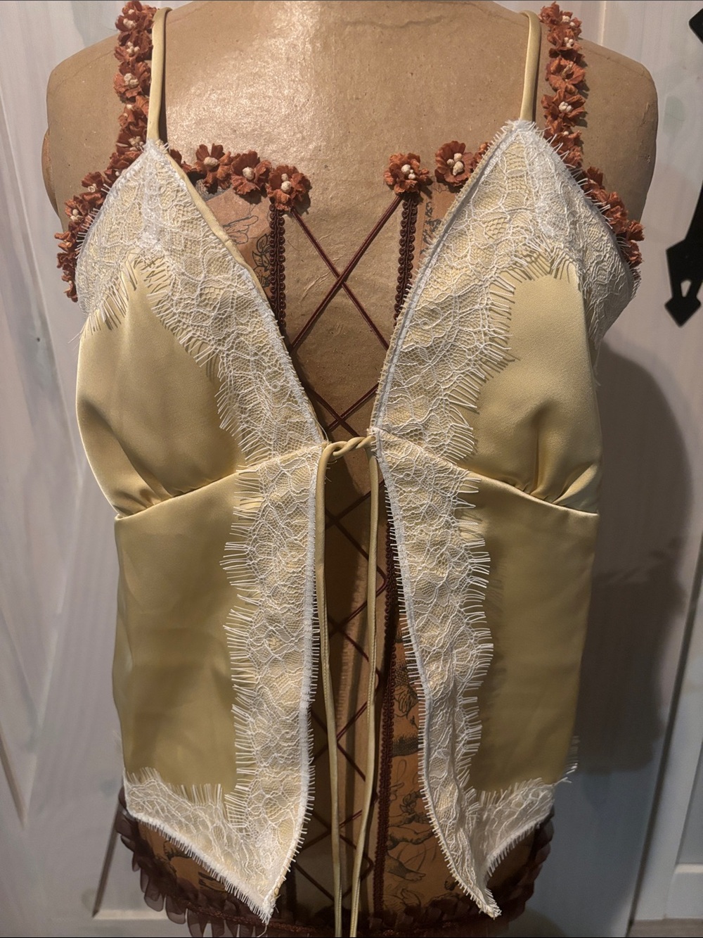 Monteau Cream Satin Chemise with Brown Floral Straps